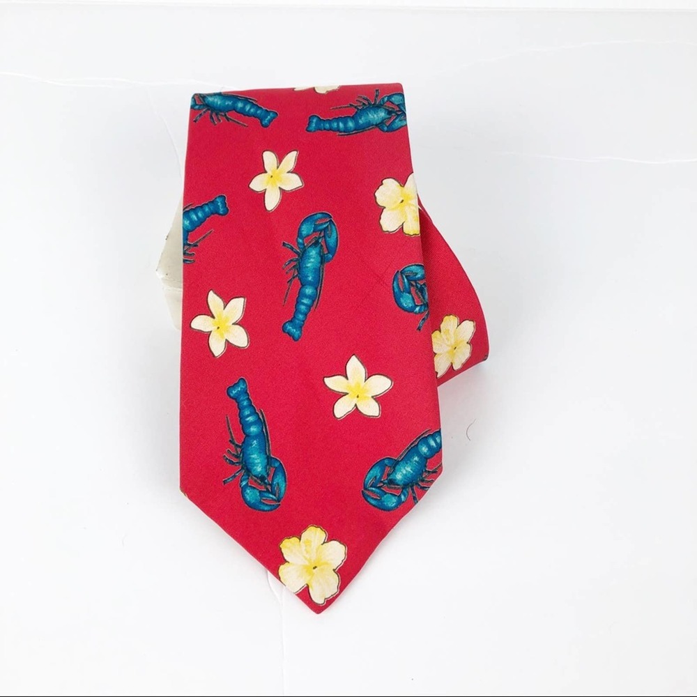 Etro Red Tie with Blue Lobsters and Yellow Flowers